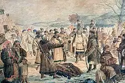 Сбор ясака казаками в Енисейской губернии. Бумага, акварель. Красноярский краеведческий музей.