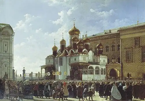 Крестный ход у Благовещенского собора в Московском Кремле (1860). ГТГ