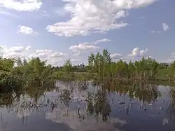 пруд на реке в селе Великая Фосняна заднем плане Покровская церковь