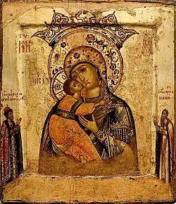 С приписными князем Михаилом Тверским и пророком Илиёй. Дерево, левкас, сусальное золото, темпера. Северные губернии, конец XVII века.