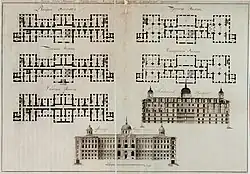Воспитательный дом. Главный корпус. Фасад и разрез. Поэтажные планы. XVIII век. РГАДА.