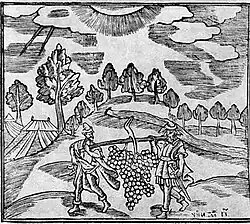 Возвращение из Ханаана. Гравюра на дереве инока Ильи на тот же сюжет из киевской «Иллюстрированной Библии».