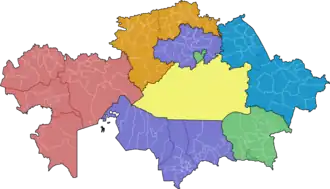 Деление на епархии в 2010—2011 годах. Созданы:Костанайская и Петропавловская епархия (оранжевый); Карагандинская и Шахтинская епархия (жёлтый); Павлодарская и Усть-Каменогорская епархия (синий)