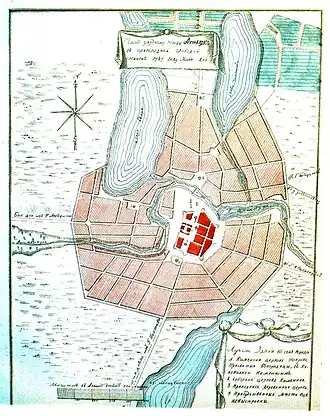 Ахтырская крепость (красным цветом) на плане города 1787 года