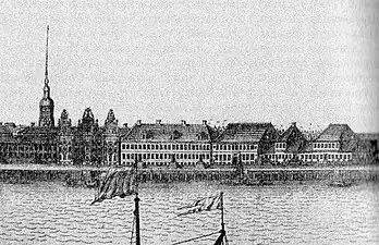 Петровская набережная в 1716 году на гравюре А. Ф. Зубова (предположительно)