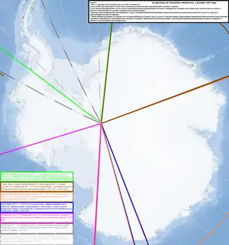 Остров Петра I (отмечен маленьким кружком на левом краю) на схеме территориальных претензий в Антарктике