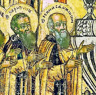 Прп. Евфимий и Харитон Сянжемские (фрагмент иконы «Иисус Христос Великий Архиерей с Вологодскими чудотворцами»)