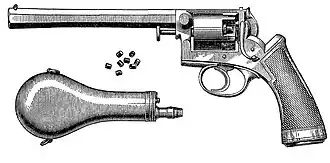 Револьвер Гольтякова, пороховница и капсюли. Иллюстрация из книги А. Б. Жука «Револьверы и пистолеты»