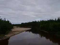 Вид вверх по течению с моста федеральной автомобильной дороги А360 «Лена» через нижнее течение реки Менда летом