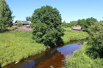 Река Поведь и бани на берегу в деревне Сидорково
