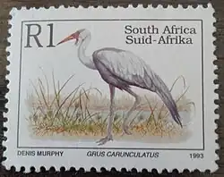Серёжчатый журавль на почтовой марке Южной Африки 1993 г.