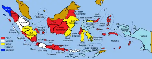 Результаты по провинциям. Красный- ИДП, Белый-Гериндра, Жёлтый-Голкар, Голубой-Насдем, Синий-Демократы