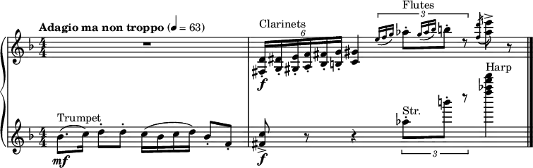 
{  \new PianoStaff << \relative fis {
  \clef "treble" \numericTimeSignature\time 4/4 \key f \major | % 1
  \tempo "Adagio ma non troppo" 4=63 R1 | % 2
  \once \omit TupletBracket
  \times 4/6 {
    \stemUp <fis d'>16 _. [ _\f ^ "Clarinets" \stemUp <g dis'>16 _.
    \stemUp <gis e'>16 _. \stemUp <a f'>16 _. \stemUp <bes fis'>16
    _. \stemUp <b g'>16 _. ] }
  \stemUp <c gis'>4 \times 2/3 {
    \grace { \stemUp e'16*3/2 ( [ \stemUp f16*3/2 \stemUp g16*3/2 )
      ] } \stemDown as8 ^. ^
    "Flutes" [ \grace { \stemUp g16*3/2 ( [ \stemUp
      as16*3/2 \stemUp bes16*3/2 ) ] } \stemDown b8 ^. ] d,8 \rest }
  \acciaccatura { \stemUp <f d'>16 ( } \stemDown <as e'>8 ) ^> r8 \bar
  "|."
  }
  \new Staff \relative bes' {
  \clef "treble" \numericTimeSignature\time 4/4 \key f \major | % 1
  \stemDown bes8. ( [ _\mf ^ "Trumpet" \stemDown c16 ) ] \stemDown d8
  ^. [ \stemDown d8 ^. ] \stemDown c16 ( [ \stemDown bes16 \stemDown c16
  \stemDown d16 ) ] \stemUp bes8 _. [ \stemUp f8 _. ] | % 2
  \stemUp <fis c'>8 _> _\f r8 r4 \times 2/3 {
    \stemDown <as'>8 ^. [ ^ "Str." \stemDown <b'>8 ^. ] d8
    \rest }
  \stemDown <f as d f>4 ^ "Harp" \bar "|."
  } >> }
  
