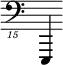 { \new Staff \with { \remove "Time_signature_engraver"} {\clef "bass_15" e,,,,4}}