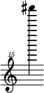 { \new Staff \with { \remove "Time_signature_engraver"} {\clef "treble^15" ais'''''''4}}