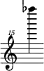 { \new Staff \with { \remove "Time_signature_engraver"} {\clef "treble^15" fes''''''4}}