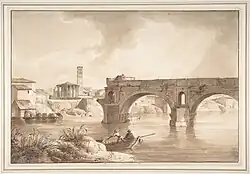 Вид Тибра с северного берега с  храмом Весты, кампанилой Санта-Мария-ин-Козмедин и Понте Ротто. 1819. Бумага, сепия, гуашь. Метрополитен-музей, Нью-Йорк