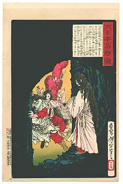 Амэ-но Тадзикарао вызволяет из пещеры Аматэрасу (Цукиока Еситоси)