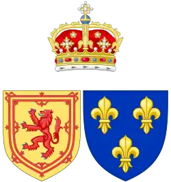 Герб Мадлен как королевы-консорта ШотландииЩит двучастный; в первой части королевский герб Шотландии — в золотом поле червлёный, вооруженный лазурью лев, окружённый двойной процветшей и противопроцветшей внутренней каймой; во второй части королевский герб Франции — в лазоревом поле три золотых лилии