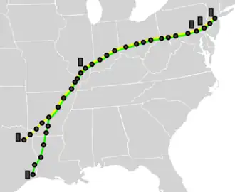Карта трубопроводов Inch: желтый — Big Inch, зеленый — Little Inch; кружки — насосные станции; прямоугольники — хранилища нефтебаз