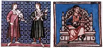 Две миниатюры из Las Cantigas de Santa Maria (XIII c.), иллюстрирующие два способа игры на смычковых: слева da braccio, справа — da gamba
