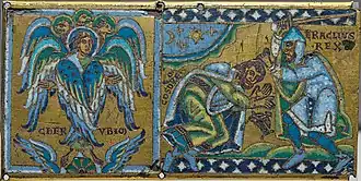 The right panel shows Emperor Heraclius, in armor, holding a sword and preparing to strike the submissive Khosrau. The left panel shows a cherub with palms open.