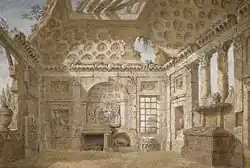 Проект росписи «руинной комнаты» отца Лессёра в монастыре Санта Тринита деи Монти в Риме. 1766—1768. Бамага, тушь, гуашь. Фитцуильям музей, Кембридж (варианты в Эрмитаже, Санкт-Петербург)