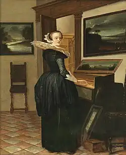 Дама у спинета. Дерево, масло. Частное собрание