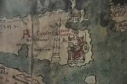 Персонификация Константинополя на «Пейтингеровой карте» (римская дорожная карта ок. IV в.) в средневековой копии XII—XIII вв. Подпись сделана чернилами лат. rubrum, которыми императоры-ромеи подписывали документы