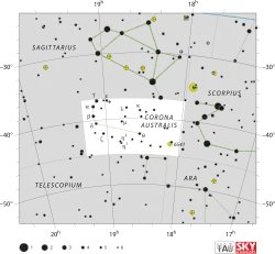 Diagram showing star positions and boundaries of the Corona Australis constellation and its surroundings