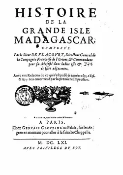 Cover page of Flacourt’s book «Histoire de la grande isle Madagascar»