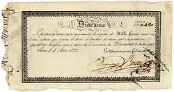 Акция Общества эксплуатации парижской Диорамы на 1000 франков, выпущенная 3 августа 1822 года, подписанная в оригинале двумя изобретателями и директорами-основателями Шарлем Мари Бутоном и Луи Дагером.