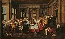 Совместно с Д. ван Деленом. Праздничная компания в ренессансной комнате. 1628. Дерево, масло. Музей Франса Халса, Харлем