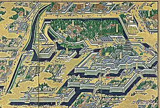 Замок Эдо, окружённый жилыми дворцами и рвами (картина XVII века)