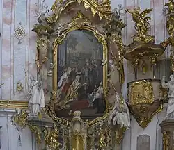 Боковой алтарь и кафедра церкви Вознесения Девы Марии. 1757–1765. Дерево, окраска, золочение. Монастырь Этталь, Бавария