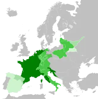 Французская империя в сентябре 1812 года
Зависимые государства
Формальные территории зависимых государств
Военные администрации