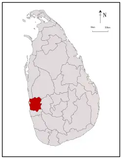 Area map of Gampaha District, extending inwards from the west by south west coast in a rough square shape, in the Western Province of Sri Lanka