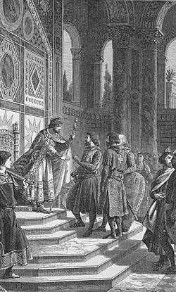 Эсташ (с белыми волосами) и его братья Готфрид и Балдуин на приёме у византийского императора Алексея I Комнина