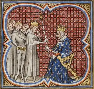 Гунтрамн и Хильдеберт, миниатюра из Больших французских хроник. Франция, Париж, XIV век