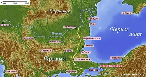 Начало Готской войны, весна-лето 377. Готы разбили под Маркианополем римлян и после неудачной осады Адрианополя разошлись для грабежа Фракии.