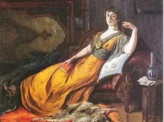 «Гёте в гареме», 1917.На картине изображена главная жена Абдул-Меджида Шехсувар Кадын-эфенди. Картина отображает объединение восточной и западной культур: позади Шехсувар изображён турецкий ковёр, сама она полулежит на тахте и держит в руках томик Гёте.