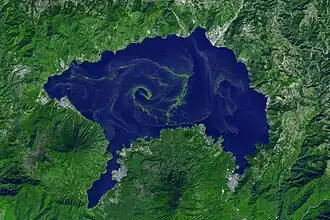 Цветение цианобактерий в озере Атитлан. Спутниковый снимок от 22 ноября 2009 года.