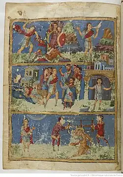 наверху: жизнь Самсона; внизу: Гедеон, пророка Исайю распиливают пилой.