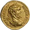 Септимий Север (193—211). Ауреус. Ок. 196—197 гг. Рим или Лаодикея. Аверс. Надпись L SEPT SEV PERT AVG IMP VIII. Бюст Септимия Севера в панцире и плаще, вправо; на голове лавровый венок.