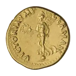 Ауреус, реверс, Виктория на шаре с венком и пальмовой ветвью