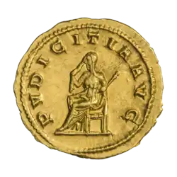 Ауреус, реверс. Сидящая Пудитиция, легенда PVDICITIA AVG