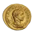 Ауреус. Север Александр. (аверс). Портрет Севера Александра в мантии и кирасе, с лавровым венком на голове