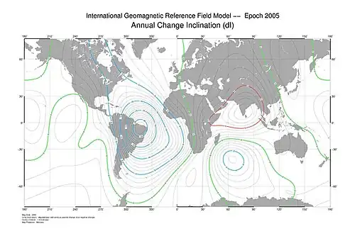 I-компонента(IGRF-10), вверху основное поле, внизу вариация