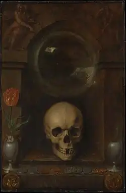 Якоб де Гейн. Vanitas. 1603. Холст, масло. Метрополитен-музей, Нью-Йорк. Над аркой изображён рельеф «Плачущий Гераклит и смеющийся Демокрит»