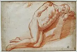 Лежащий натурщик. Между 1615 и 1620. Бумага, сангина. Уффици, Флоренция